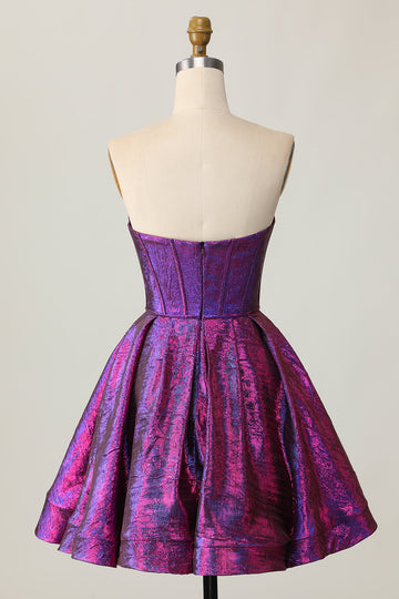 Metallic Corset Dark Purple Strapless A Line Short Prom Dress